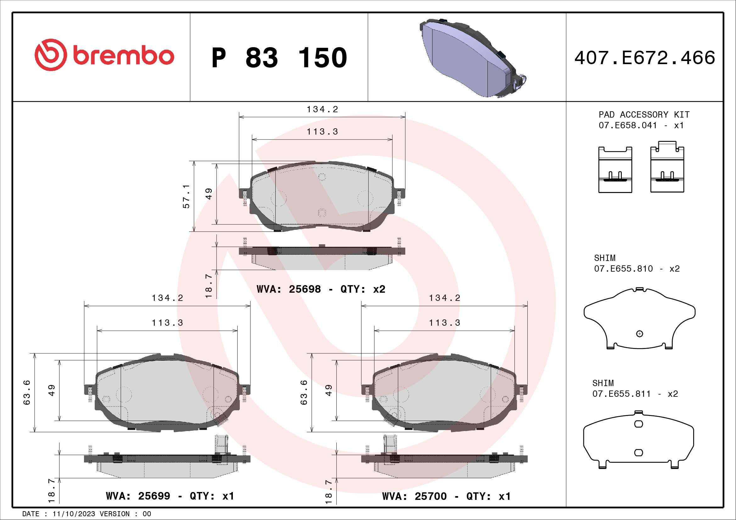 A.B.S. P 83 150 BREMBO Bremsbelagsatz, Scheibenbremse